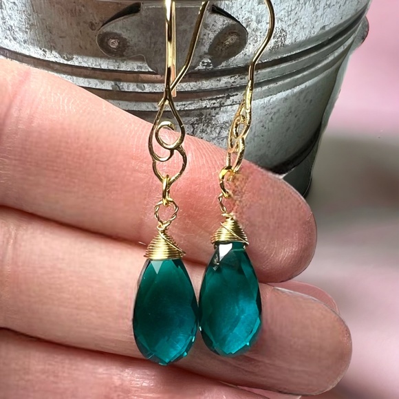 Paraiba Teal Tourmaline Earrings 14K Yellow Gold Vermeil , October Birthstone - Picture 3 of 7